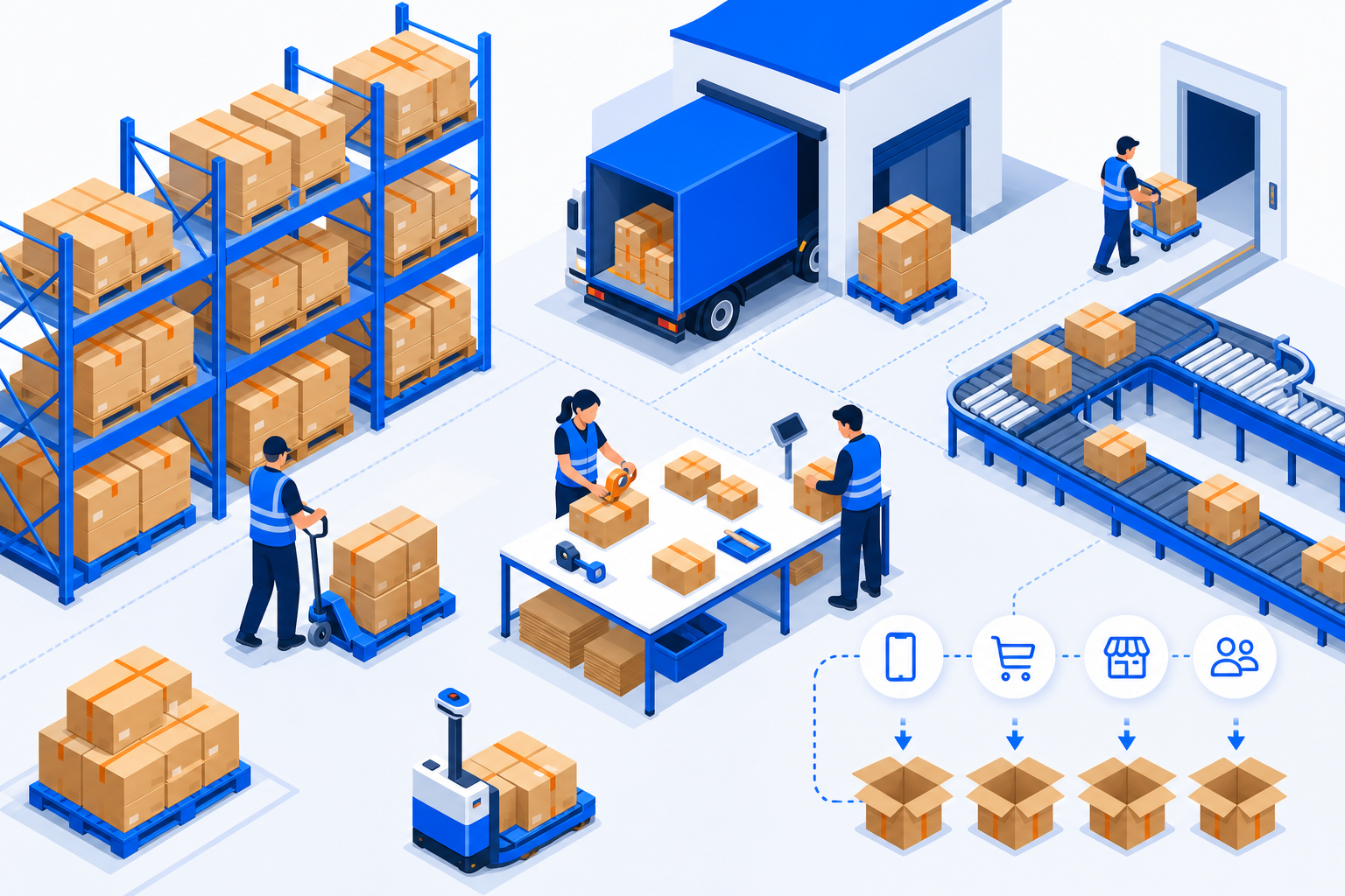 Multi-channel ecommerce fulfillment warehouse illustration for brands exploring Amazon FBA alternatives
