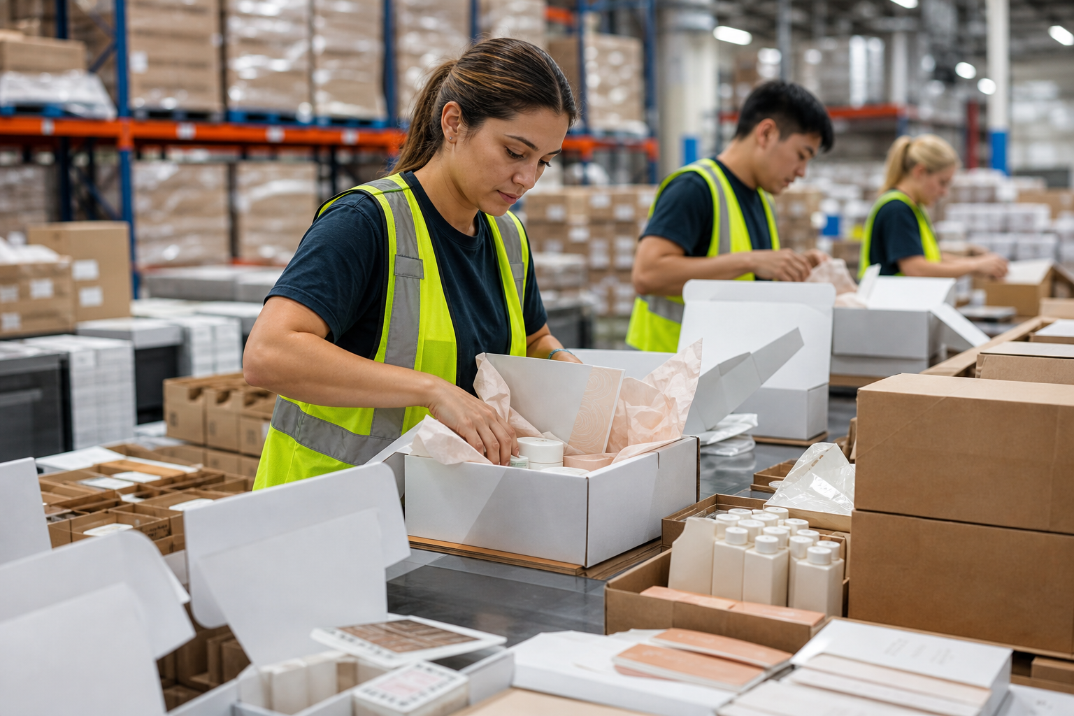 Warehouse team performing custom kitting and multi-channel fulfillment for brands with complex needs