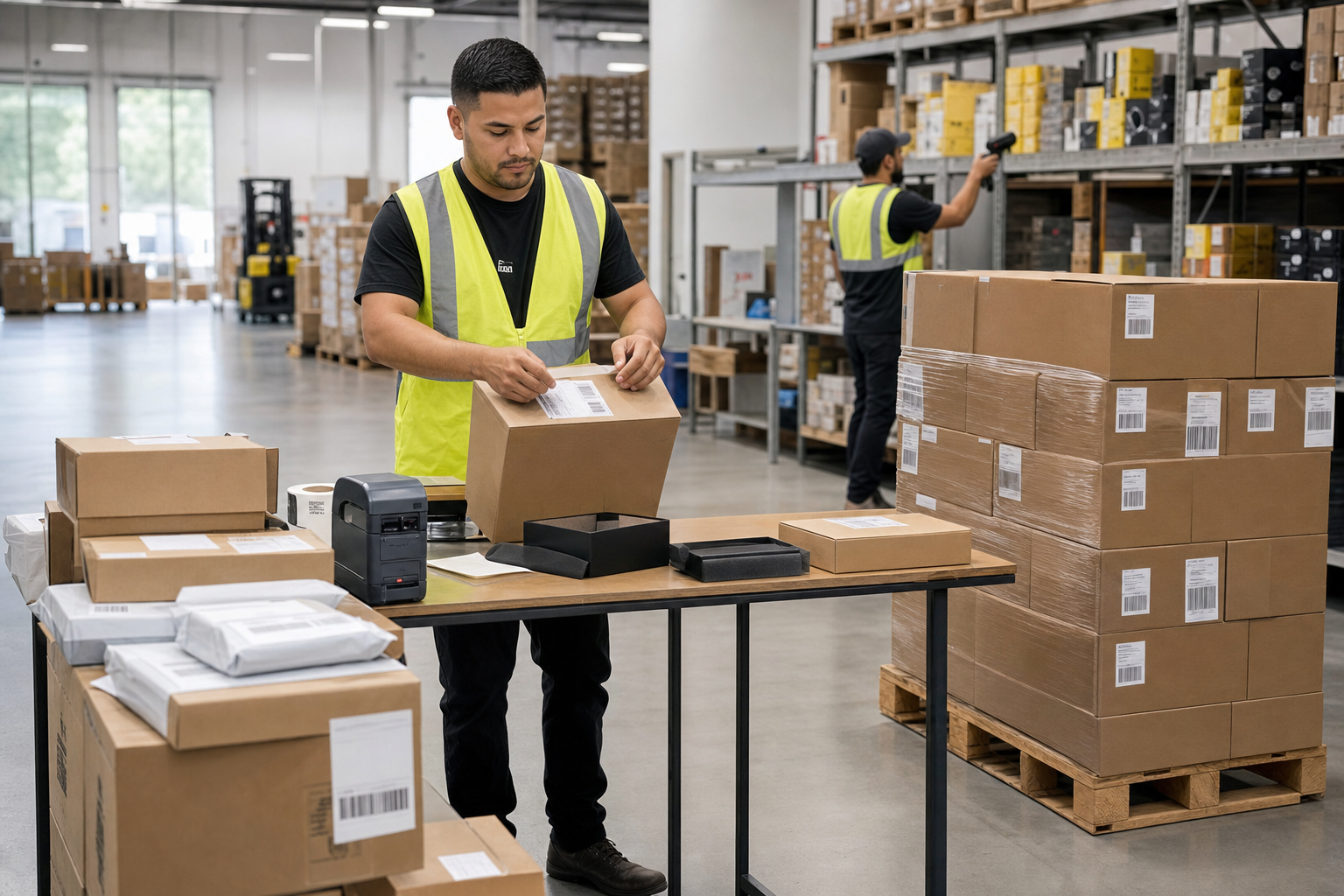 Warehouse team labeling, repacking, and preparing retail-ready inventory for flexible fulfillment needs