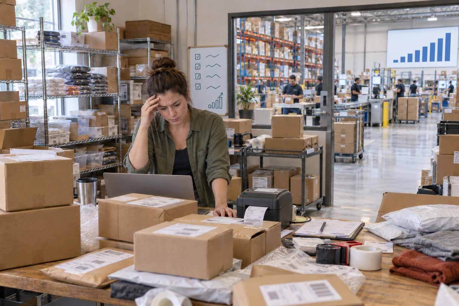 Order Fulfillment team packing ecommerce orders in a Los Angeles warehouse after a business outgrows in-house shipping