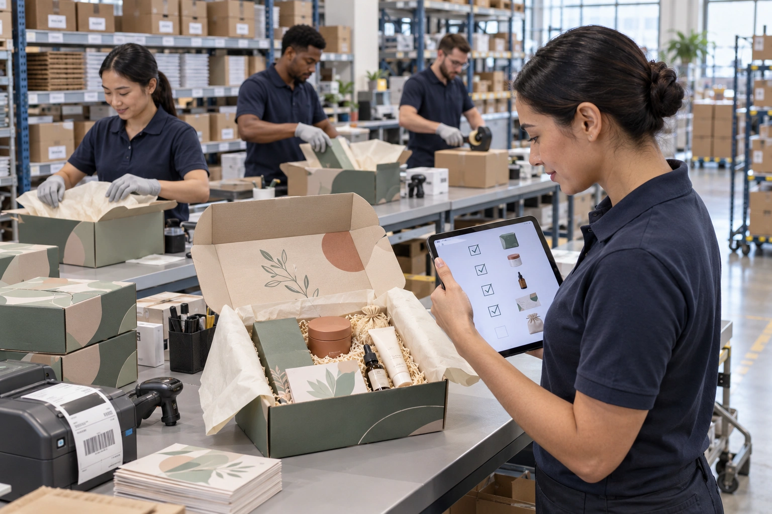 Fulfillment team assembling custom packaging and kitting orders for subscription boxes and product launches.